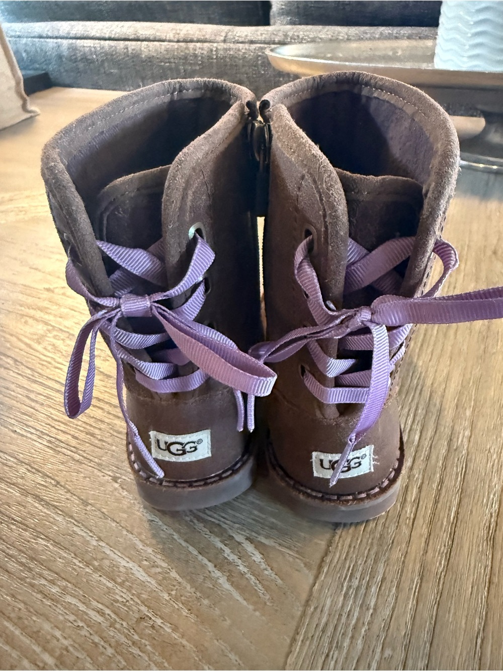 UGG Brown Suede Kids Boots with Purple Ribbon Laces